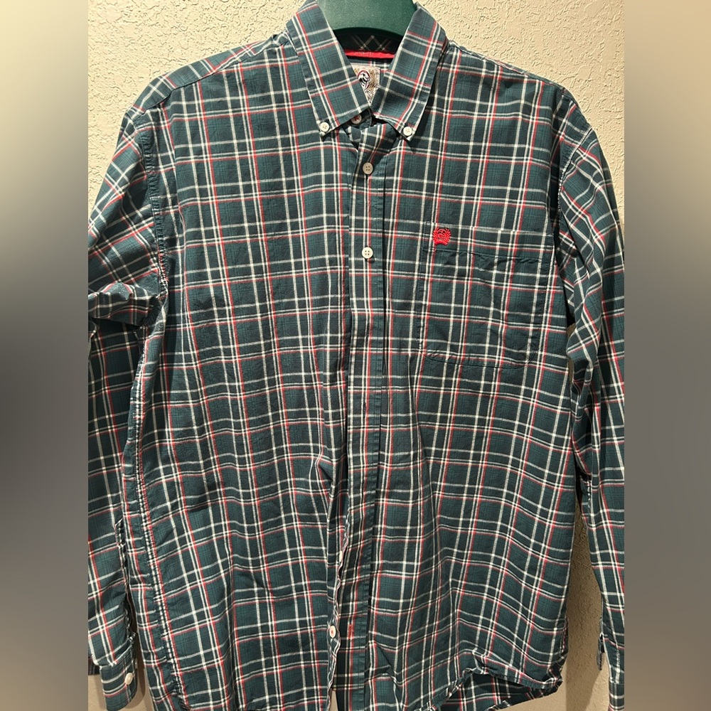 Cinch Green Plaid Button-Down Shirt with Red Logo